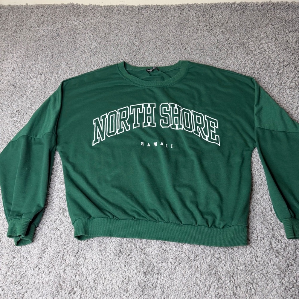 SHEIN Green North Shore Hawaii Graphic Sweatshirt Womens Large Crewneck Pullover
